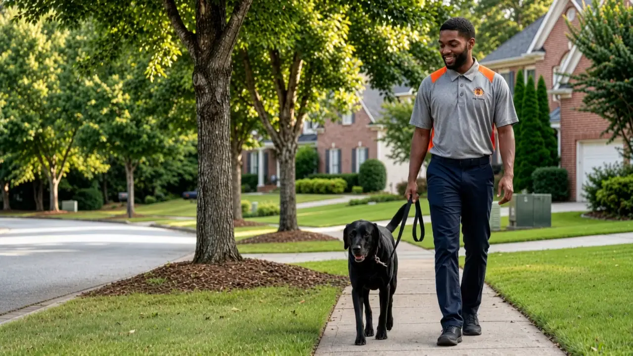 Professional dog walker guiding a calm black Labrador on a leash along a tree-lined Powder Springs, Georgia neighborhood sidewalk